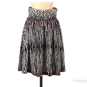 TIBI Abstract Print Full Skirt Jersey Knit Polka Dot Stripe Black Cream Short XS